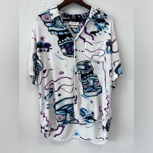 Urban Outfitters Y2K Graffiti Tiki Print Button Up Streetwear Shirt L